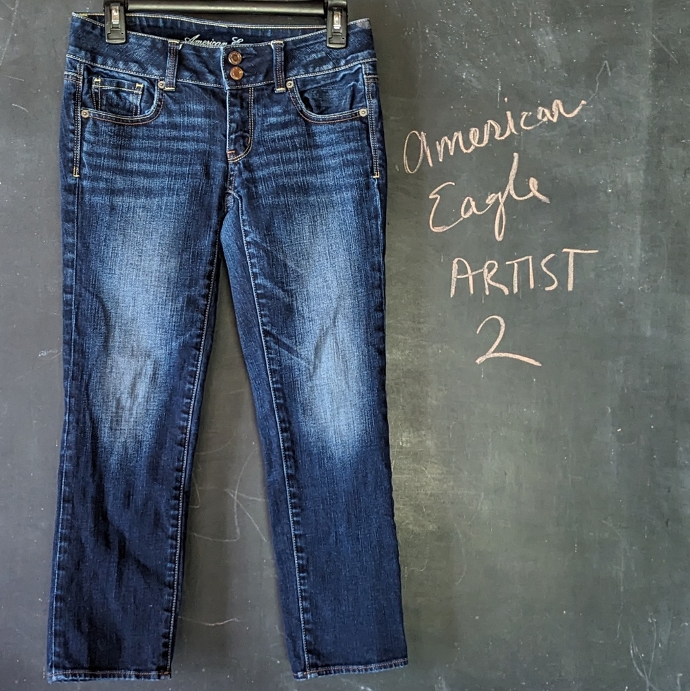American Eagle ARTIST Jeans Cropped Sz 2 Dark Wash Distressed